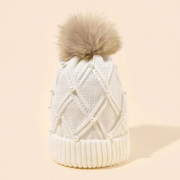 2/$30 White Stylish Knit Beanie with Faux Fur Pom-Pom & Pearl Embellishments - Picture 4 of 5